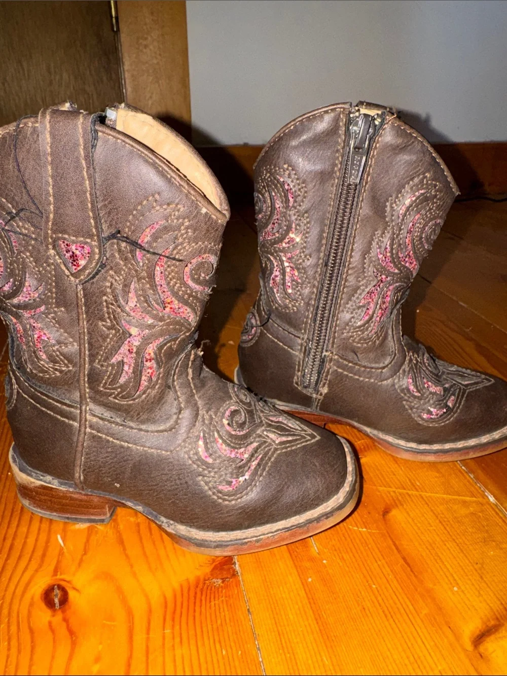 Roper Kids Brown Western Boots with Pink Embroidery